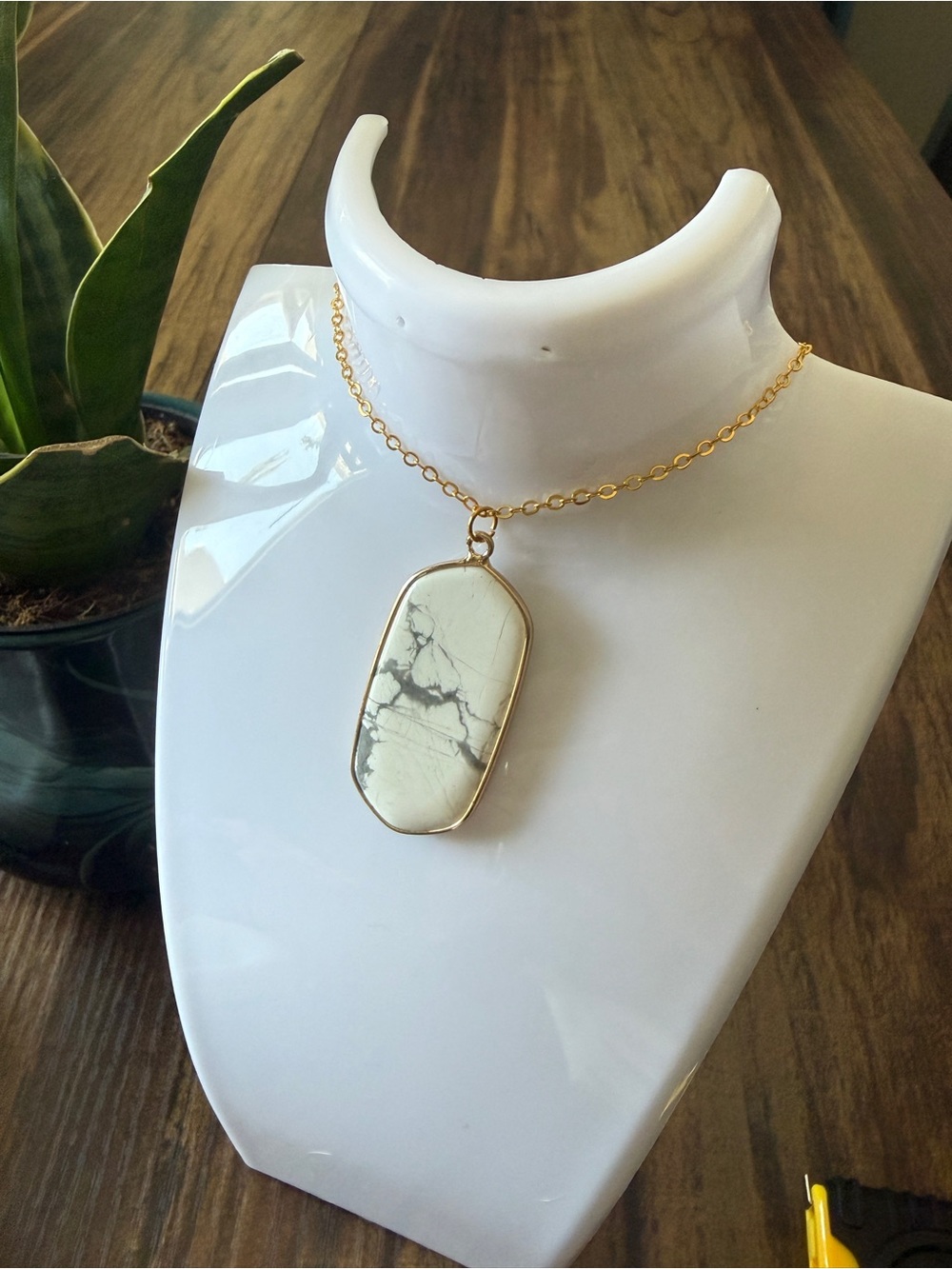 Gold Chain Necklace with White Howlite Pendant - Women Jewelry